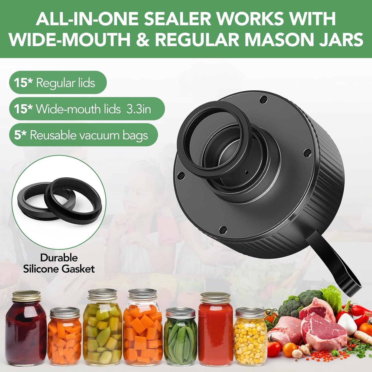 Skiennix Electric Mason Jar Vacuum Sealer - 3-in-1 Handheld Food Storage Solution for Jars & Bags