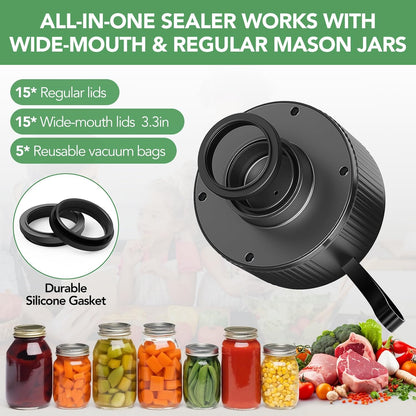 Skiennix Electric Mason Jar Vacuum Sealer - 3-in-1 Handheld Food Storage Solution for Jars & Bags