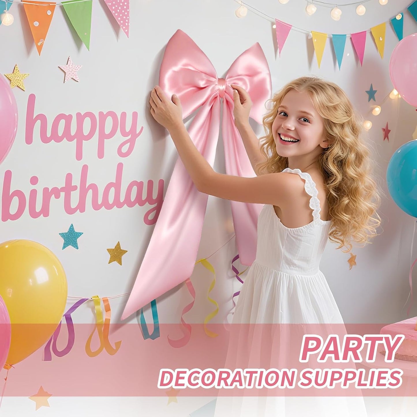 Skiennix Large Pink Bow | Satin Ribbon Tie for Room Decor & Party Backdrop (23 x 32 in)