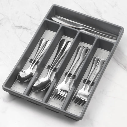 CherHome Silverware Organizer with Cutlery Icons，Silverware Tray for Kitchen Drawer，Plastic Flatware Tableware Silverware Drawer Organizer Utensil Organizer with Non-slip TPR Linings，5-Compartment