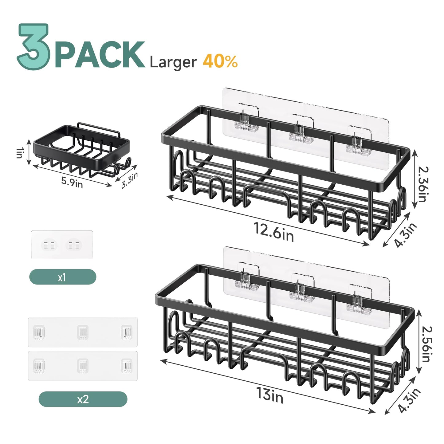 Veken Shower Caddy 3-Pack, Advanced Rustproof Design, No Drilling Adhesive Shelves, Rack with Soap Holder, Large Capacity Bathroom Organizers and Storage, Wall-Mounted Kitchen & Home Decor, Black