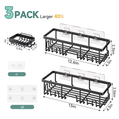 Veken Shower Caddy 3-Pack, Advanced Rustproof Design, No Drilling Adhesive Shelves, Rack with Soap Holder, Large Capacity Bathroom Organizers and Storage, Wall-Mounted Kitchen & Home Decor, Black