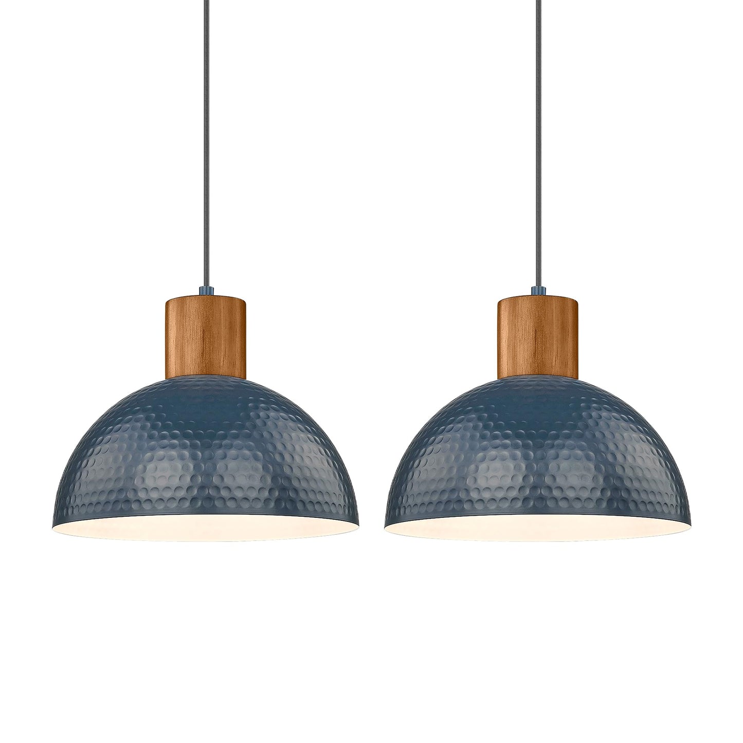 ELYONA Modern Pendant Light Fixtures with 12" Hammered Metal Shade Solid Wood Dome Hanging Pendant Light for Farmhouse Kitchen Island Dining Room Sink Bedroom Hallway Medium 2 Pack Blue