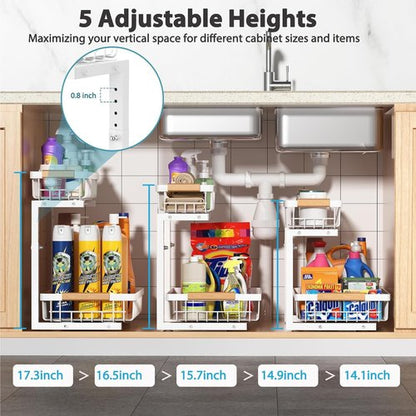 Liuoud Under Sink Organizer - 2 Pack Adjustable 2-Tier Storage for Kitchen & Bathroom Cabinets - White