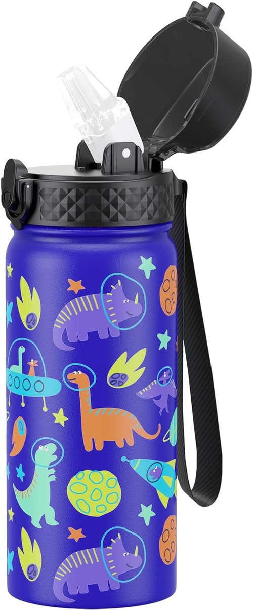 GOPPUS Kids Water Bottle - 18oz Vacuum Insulated Stainless Steel Tumbler | Blue Space Dinosaur Design