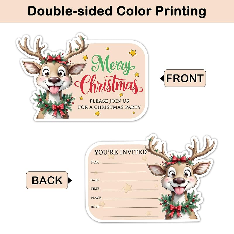 Christmas Elk Invitation Set with Envelopes & Stickers – 15 Cards, 15 Envelopes, 15 Seals