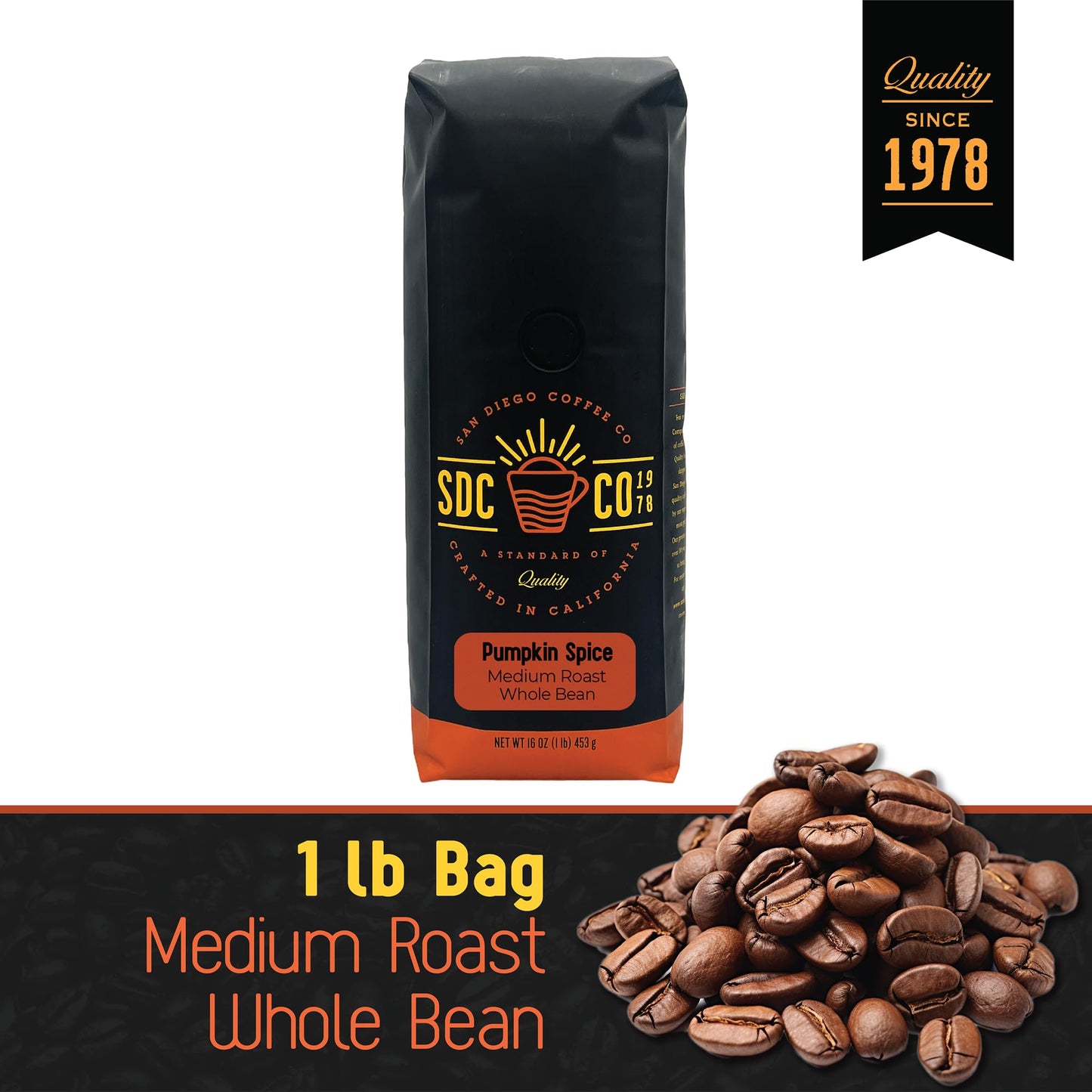 San Diego Coffee Pumpkin Spice, Medium Roast, Whole Bean Coffee, 16-Ounce Bag Café en grano tostado