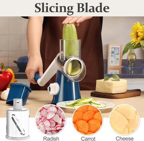 Cambom Rotary Cheese Grater - Hand Crank Shredder for Fresh Cheese & Vegetables | Deep Blue, Five Blades