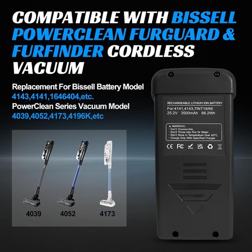 Bissell Replacement Battery - Compatible with PowerClean FurGuard & DualBrush Vacuums | High-Performance 4143, 4141, 1646404