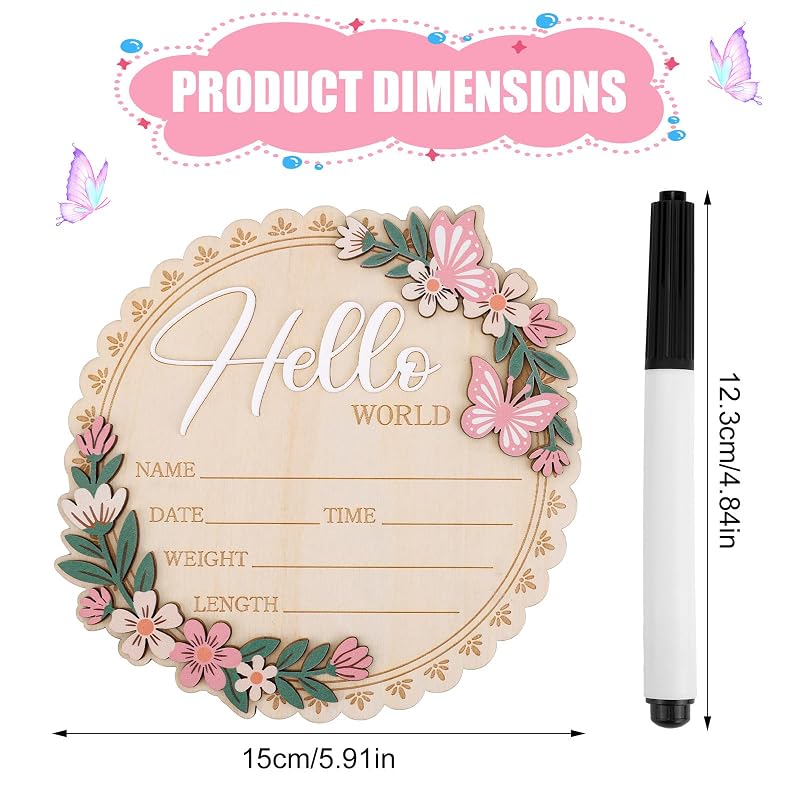 Wooden Newborn Announcement Sign with Pen - Hello World Nursery Keepsake 15x15cm