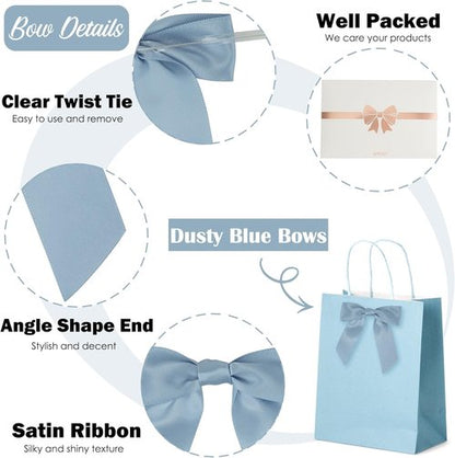AIMUDI Satin Ribbon Bows - Dusty Blue Twist Ties for Gift Wrapping | 50 Pre-Tied Bows for Weddings & Parties