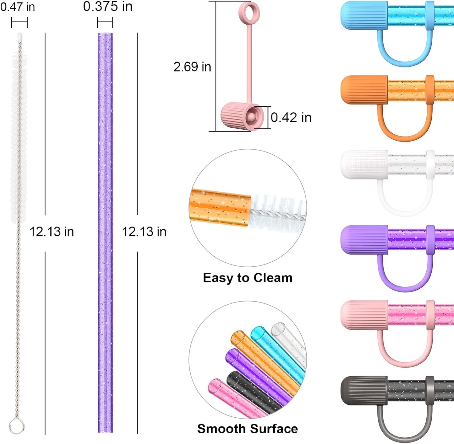 Skiennix Reusable Drinking Straws - 6 Color Replacement Straws with Caps & Cleaning Brush for Stanley Cup Tumbler