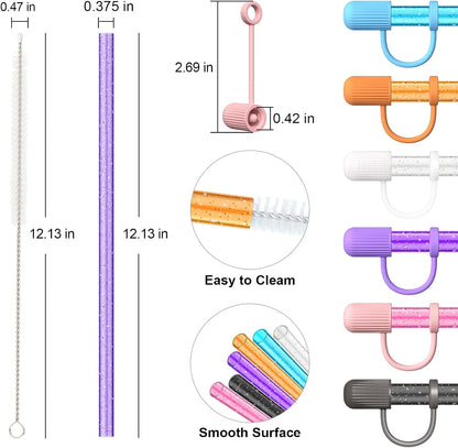 Skiennix Reusable Drinking Straws - 6 Color Replacement Straws with Caps & Cleaning Brush for Stanley Cup Tumbler