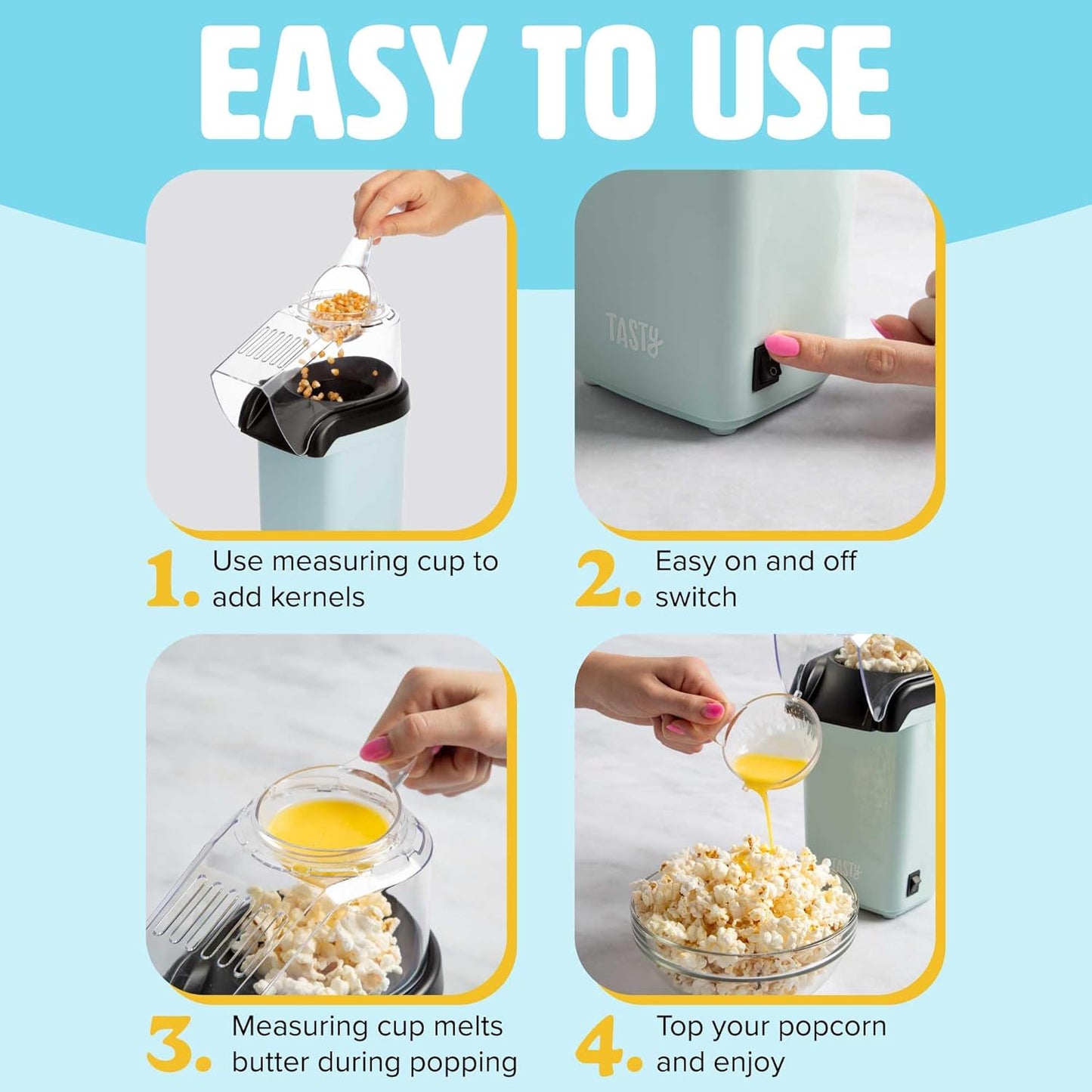 Tasty Hot Air Popcorn Popper - Healthy, Fast & Easy Popcorn Maker with Measuring Cup & Butter Warmer | 8 Cups, Aqua