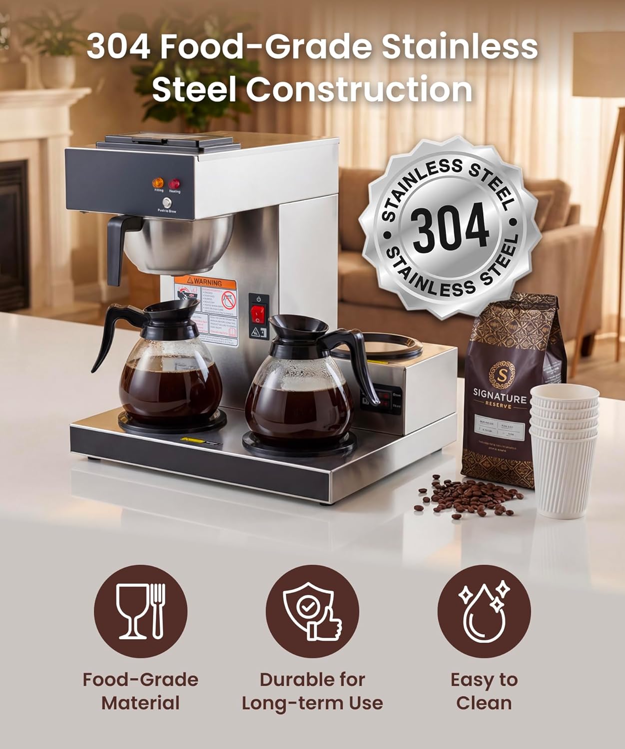 SYBO 12-Cup Commercial Coffee Maker - Pour Over Drip Brewer with 3 Warmers & Stainless Steel Design