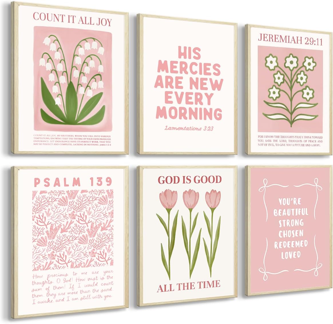 Regine Switzerland 6Pcs Pink Bible Verse Wall Art - Floral Scripture Quotes for Bedroom | 8x10 Inch Unframed