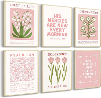 Regine Switzerland 6Pcs Pink Bible Verse Wall Art - Floral Scripture Quotes for Bedroom | 8x10 Inch Unframed