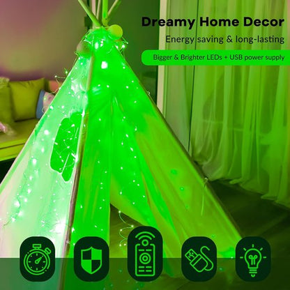 HXWEIYE 300LED Fairy Curtain Lights - 9.8x9.8Ft USB Plug-In with 8 Modes & Remote | Green Indoor Decor