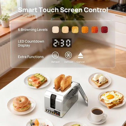 Consciot 2-Slice Smart Touch Screen Toaster - 6 Browning Levels, Extra-Wide Slots, Stainless Steel