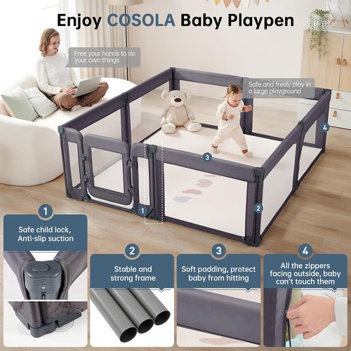 Large Baby Playpen - Adjustable 79x71 Inch Foldable Indoor & Outdoor Toddler Fence | Dark Grey