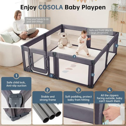 Large Baby Playpen - Adjustable 79x71 Inch Foldable Indoor & Outdoor Toddler Fence | Dark Grey
