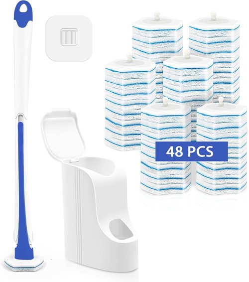 JEHONN Disposable Toilet Brush Set - 48 Cleaner Refills & Wall Mounted Holder - Blue Bathroom Cleaning System