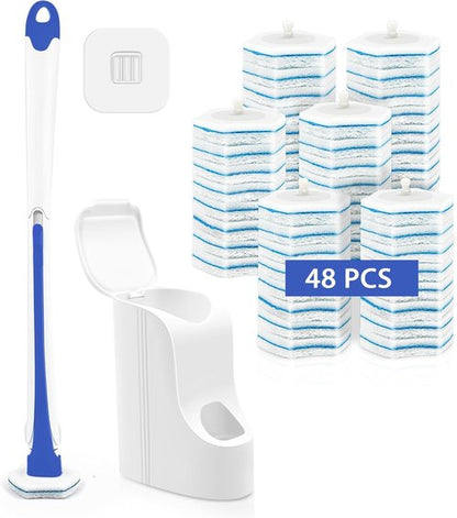 JEHONN Disposable Toilet Brush Set - 48 Cleaner Refills & Wall Mounted Holder - Blue Bathroom Cleaning System