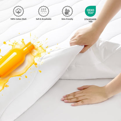 Skiennix Cooling Queen Waterproof Mattress Protector - Soft Quilted Cotton, Noiseless Fitted Cover (60x80, White)