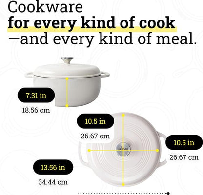 Lodge Essential Enamel Cast Iron Dutch Oven - 6 Quart Moisture-Sealing Lid & Dual Handles - Oyster White