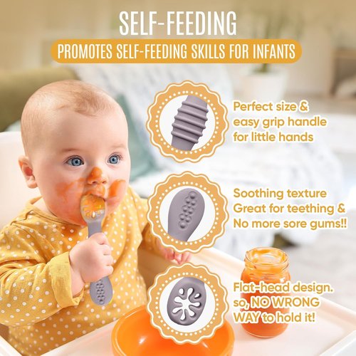 HippoBaby Silicone Baby Utensils Set - 4-Piece Self-Feeding Spoons & Fork for 6-12 Months - BPA Free, Dishwasher Safe (Light Pink/Army Green)