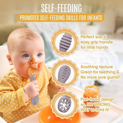 HippoBaby Silicone Baby Utensils Set - 4-Piece Self-Feeding Spoons & Fork for 6-12 Months - BPA Free, Dishwasher Safe (Light Pink/Army Green)