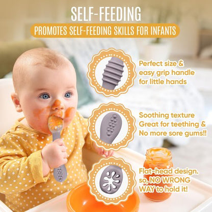HippoBaby 4pc Silicone Baby Spoons Self Feeding Baby Utensils 6-12 Months - 3 Baby Spoon - 1 Baby Fork - Toddler Cutlery Set - BPA Free, Dishwasher Safe, Baby Eating Essentials (Light pink/Army Green)