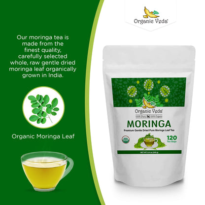 Organic Veda Moringa Tea Bags, Premium Dried Moringa Leaf Tea for Overall Wellness, Non-GMO, Caffeine-Free, & Gluten-Free Organic Tea, 120 Tea Bags