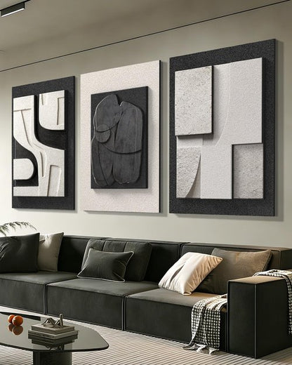 Azartslr 3D Abstract Textured Wall Art - Modern Black & White Sandstone Decor | 3-Piece Minimalist Set for Living Room & Bedroom