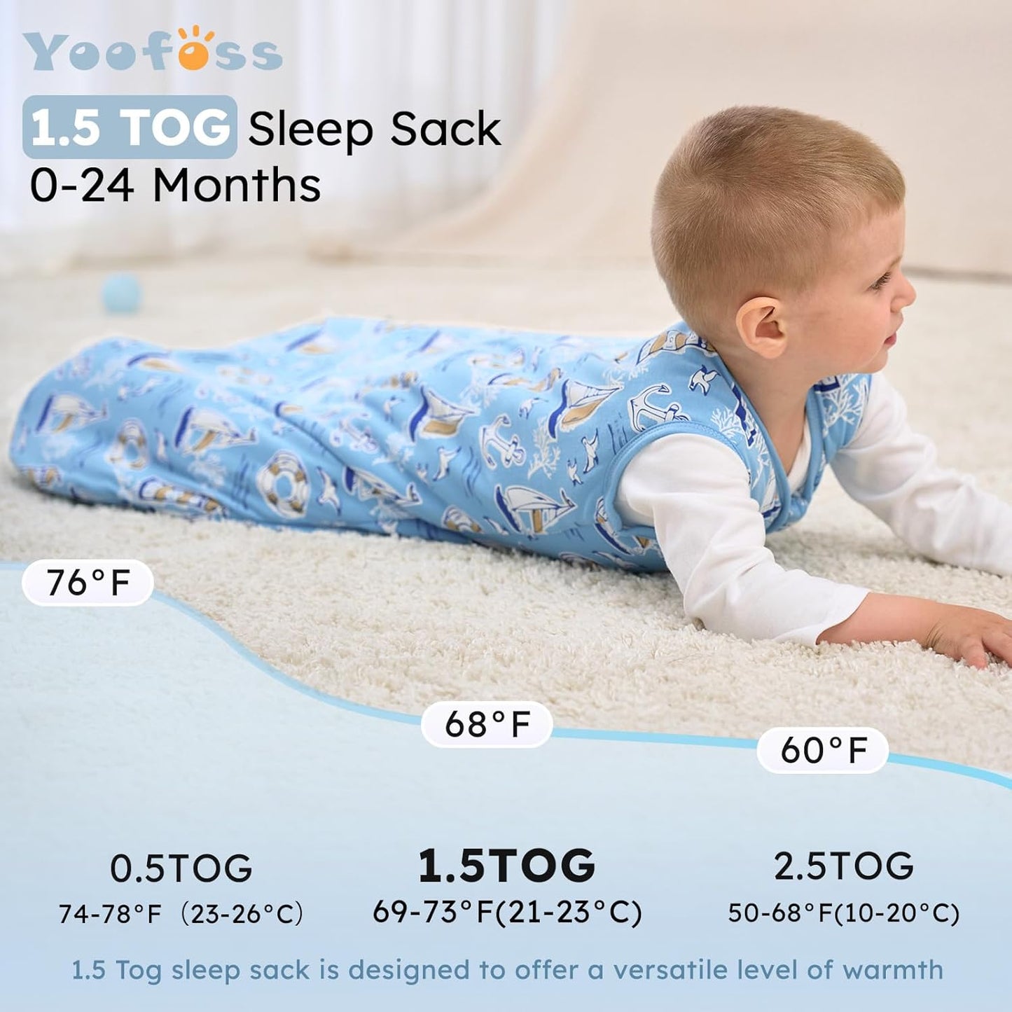 Yoofoss Baby Sleep Sack - 1.5 Tog Wearable Blanket for Infants 0-6 Months | Soft Organic Cotton, 2-Way Zipper