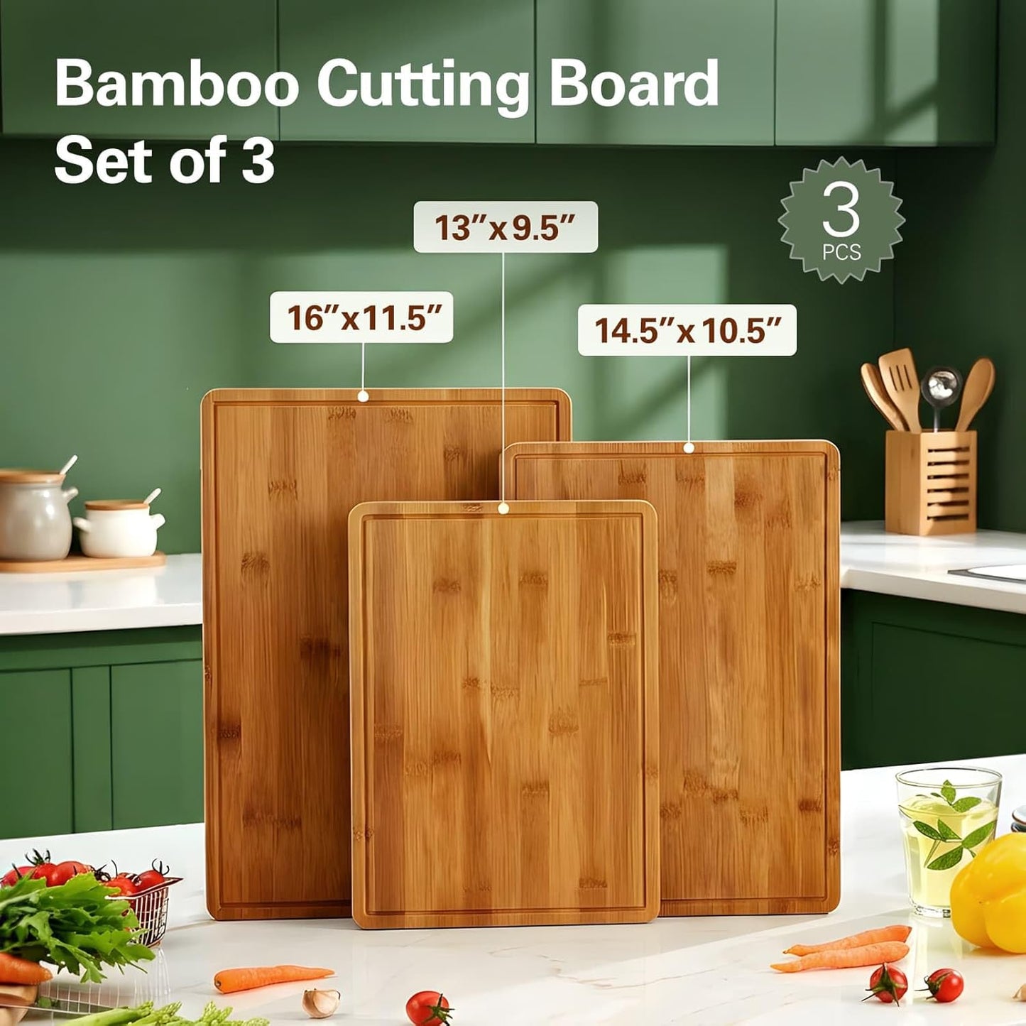 Zarler Bamboo Cutting Boards - Durable Wooden Chopping Board Set with Juice Grooves | XL Size Ideal for Meal Prep