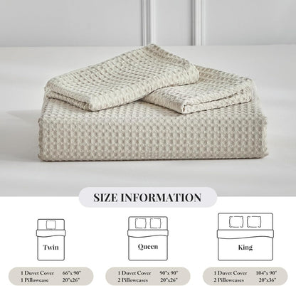 WARMDERN Waffle Weave Duvet Cover Set - Soft & Breathable Queen Size Microfiber Bedding in Khaki | 3 Pieces