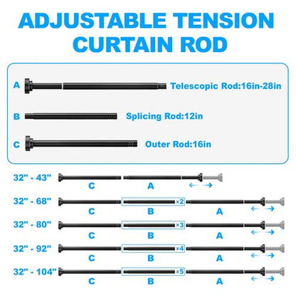 TEECK Shower Curtain Rod, 32-104 inch Adjustable Spring Tension Curtain Rod, Never Rust Anti-Slip Shower Curtain Rod for Bathroom, No Drilling, Never Collapse, Easy to Use, Black