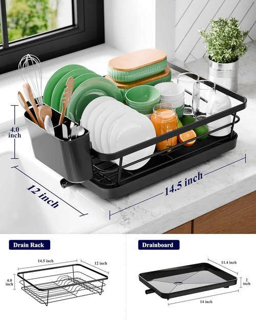Kitsure Dish Drying Rack - Compact & Adjustable Rust-Proof Kitchen Rack with Utensil Holder | 14.5" x 12" x 4", Black