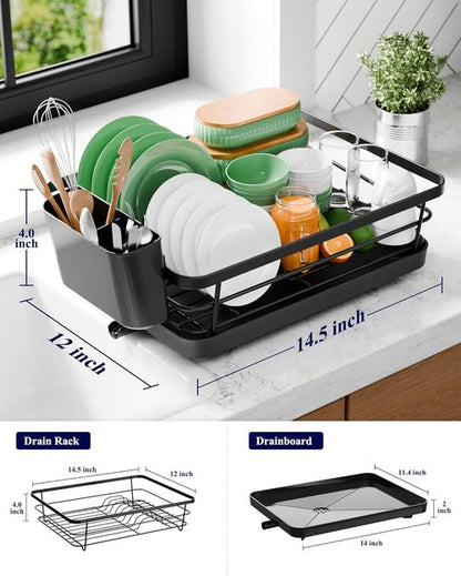 Kitsure Dish Drying Rack - Compact & Adjustable Rust-Proof Kitchen Rack with Utensil Holder | 14.5" x 12" x 4", Black