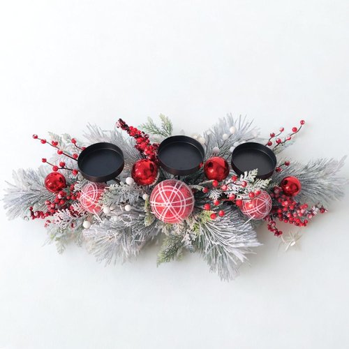 Christmas Candle Holder Centerpiece - Red Ornaments & Berries with Frosted Pine Branches | Holiday Table Decoration