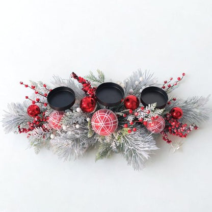 Christmas Candle Holder Centerpiece - Red Ornaments & Berries with Frosted Pine Branches | Holiday Table Decoration