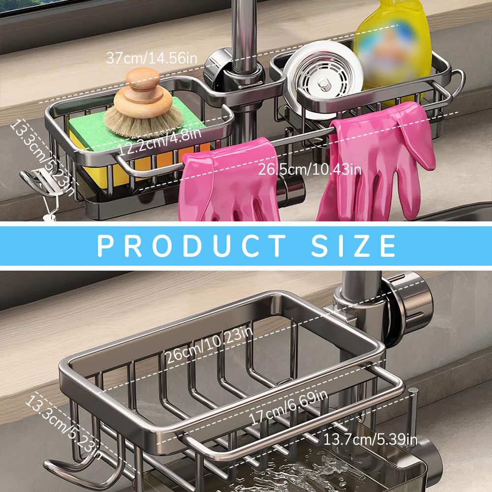 Upgrade Kitchen Sink Faucet Organizer, Multifunction Kitchen Sink Organizer Over Faucet, Adjustable Dish Sponge Holder Over Faucet Sink Rack Organizer for 0.7-1.1inch Round Water Pipe (Black, Right)