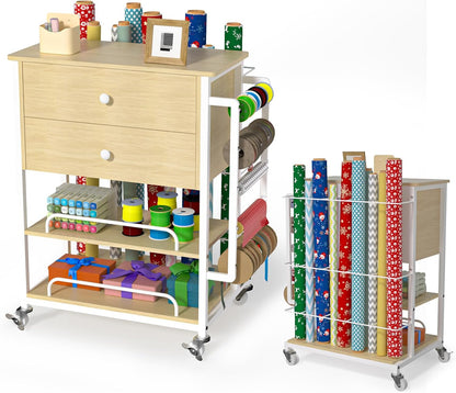 Skiennix Wrapping Paper Organizer - Stylish Craft Cart with Ribbon & Gift Bag Storage | Oak Finish, 2 Drawers