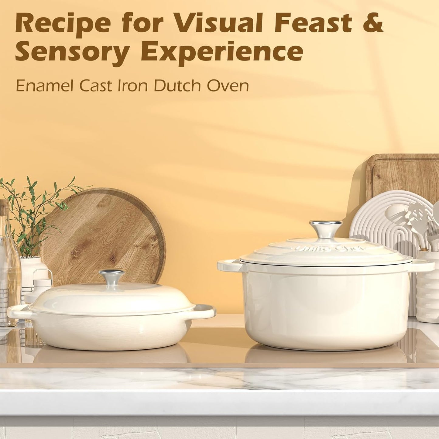 Umite Chef Enameled Cast Iron Dutch Oven - 5QT Heavy-Duty Pot with Lid & Potholders | Cream White for Baking & Stews