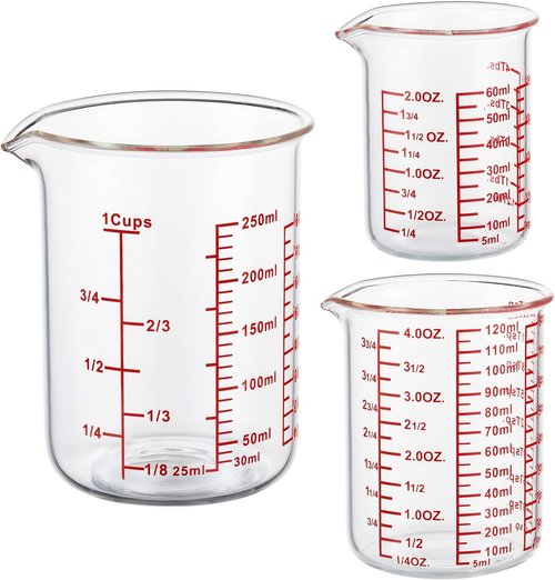 Ackers High Borosilicate Glass Measuring Cup Set - Easy-To-Read Pour Spout Beakers | 60ml, 120ml, 250ml