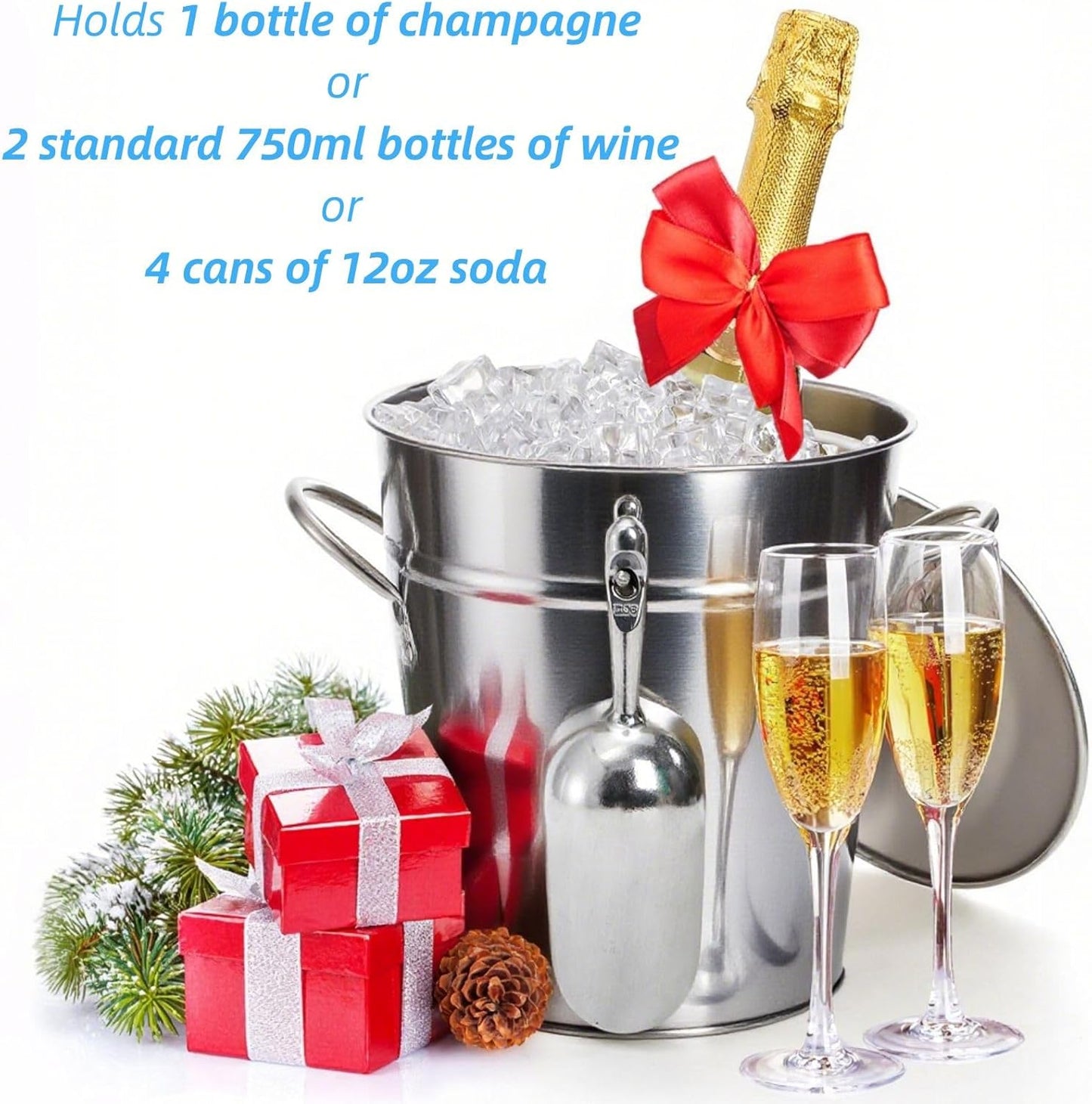 YOUEON 4 Liter Ice Bucket with Scoop and Lid, Double Walled Insulated Ice Bucket for Parties, Cocktail Bar, Wine Chiller, Beverage Tub with Carry Handles, Indoor & Outdoor Use, Silver