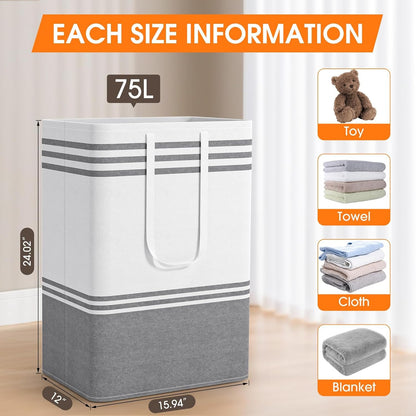 Skiennix Large Laundry Baskets - Waterproof Collapsible Hampers with Reinforced Handles | 75L Grey, 2-Pack
