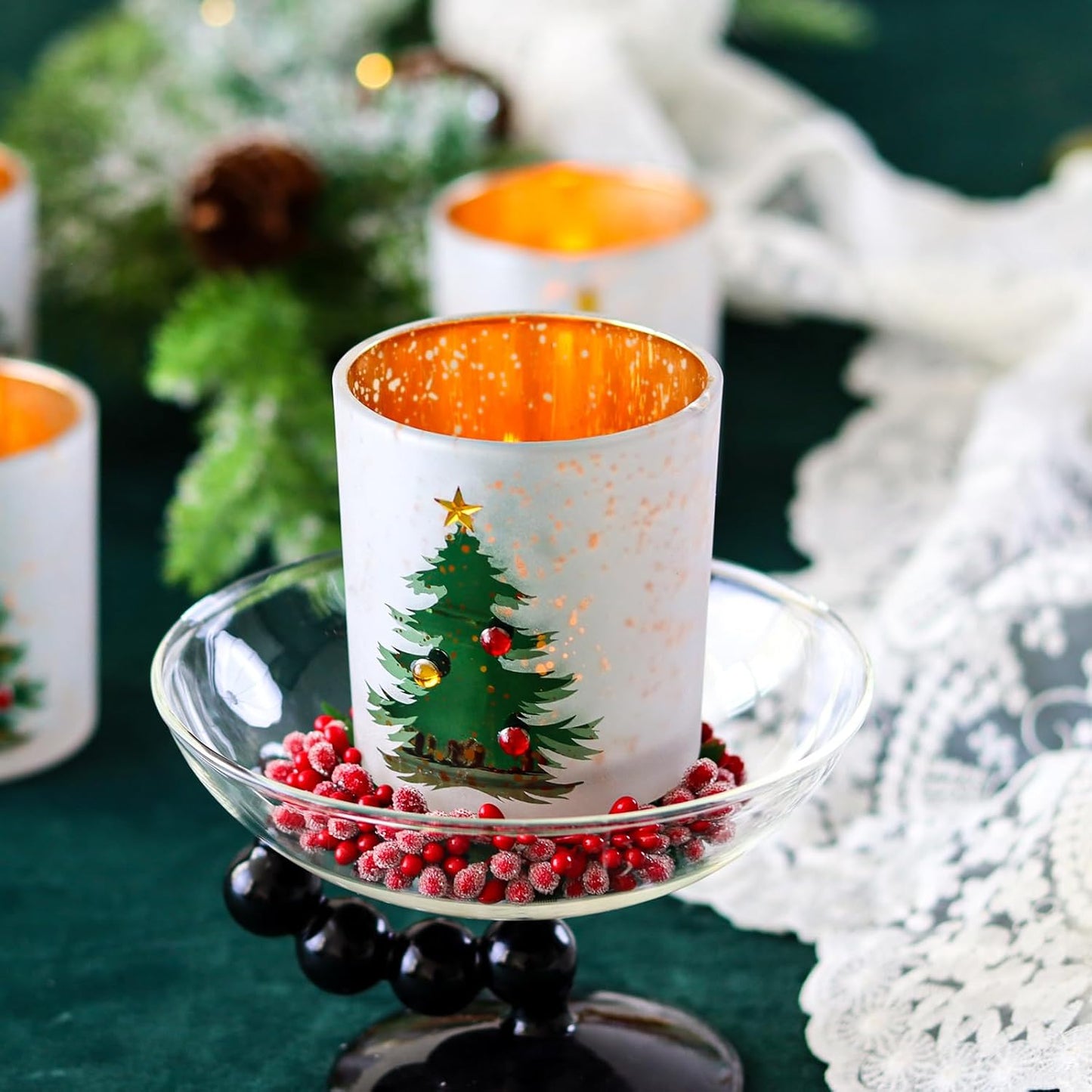 WDHODEC Christmas Candle Holders - Elegant Glass Votive Set for Table Centerpieces | Silver Finish