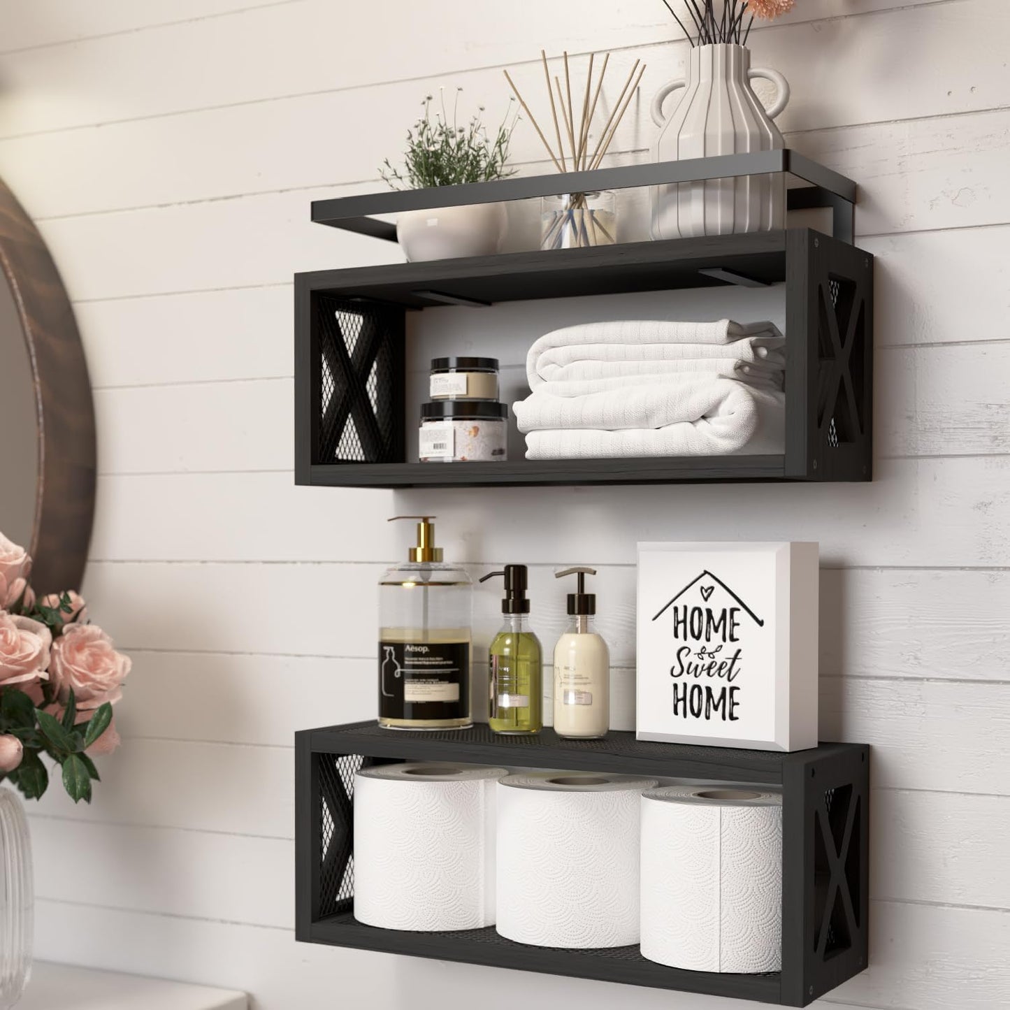 RICHER HOUSE Floating Shelves - Rustic Wood Wall Décor with Guardrail for Bathroom & Kitchen - Black